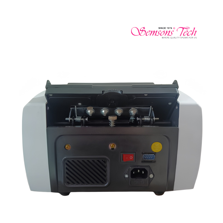 ST810 note counter back panel with power switch, mains socket and hopper rollers