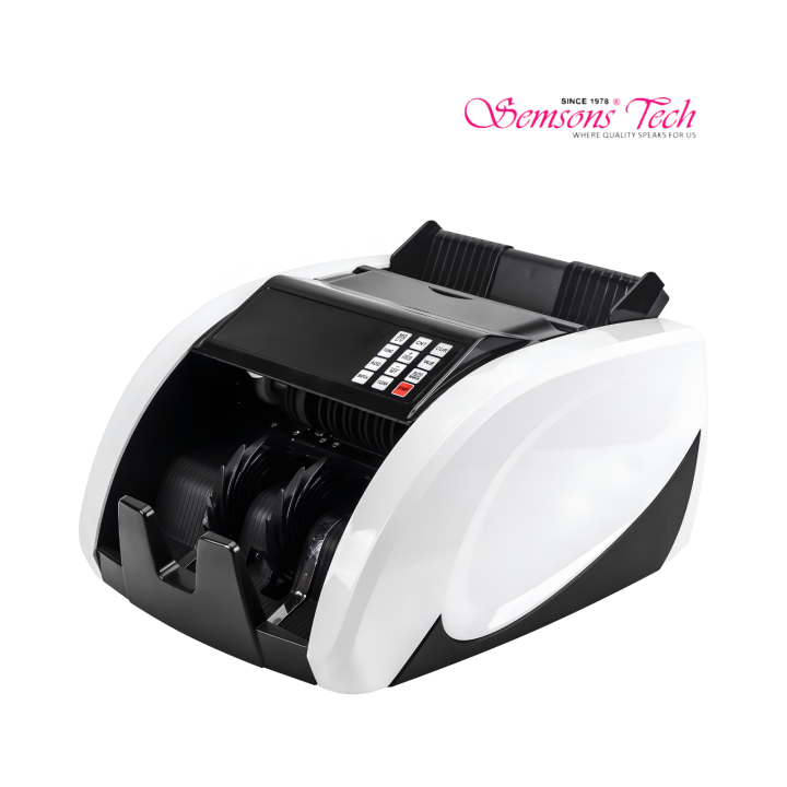 ST810 currency and note counting machine, front view with hopper, stacker and control panel