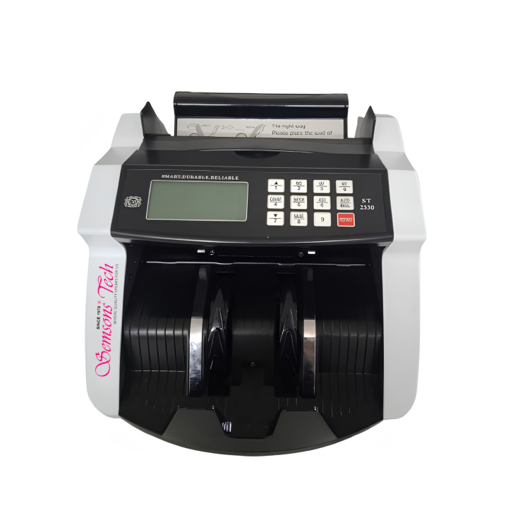ST2330 currency counting machine, front view with LCD display, keypad, hopper and stacker