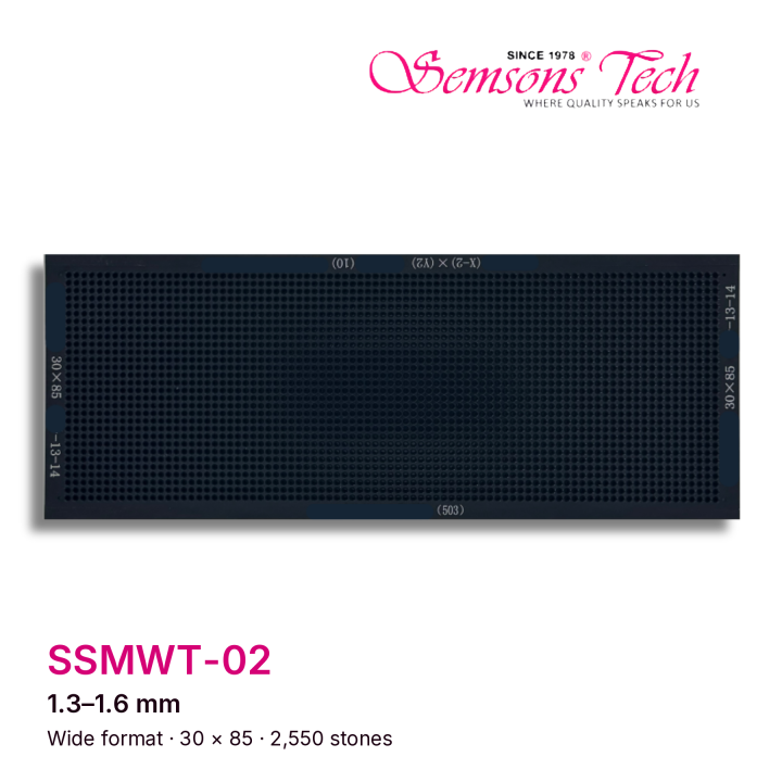 Semsons Tech SSMWT-02 wide-format diamond sorting tray for 1.3–1.6 mm stones, 30×85 grid, 2,550 stones