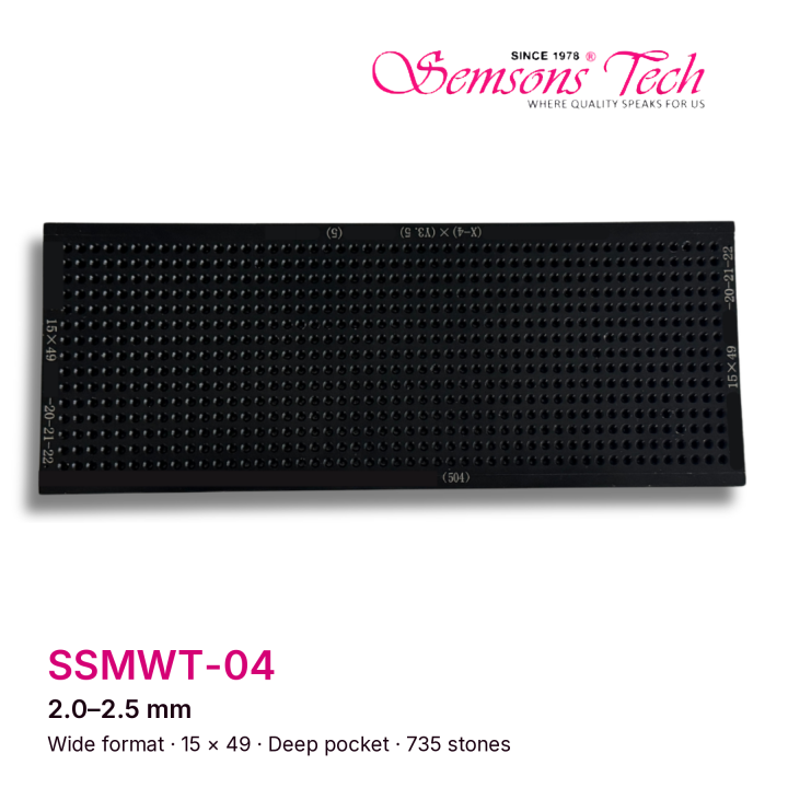 Semsons Tech SSMWT-04 wide-format deep-pocket diamond sorting tray for 2.0–2.5 mm stones, 15×49 grid, 735 stones