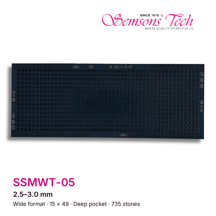 Semsons Tech SSMWT-05 wide-format deep-pocket diamond sorting tray for 2.5–3.0 mm stones, 15×49 grid, 735 stones