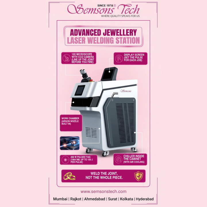 Semsons laser welding machine for jewellery, labelled: 10x microscope with CCD, display screen, work chamber and chiller