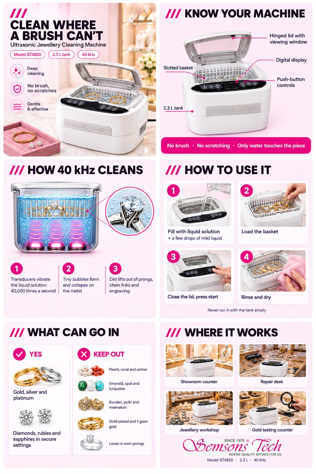 Semsons Tech ST4820 ultrasonic jewellery cleaner guide: parts of the machine, how 40 kHz cleaning works, four steps to use it, what can go in the tank and where it is used