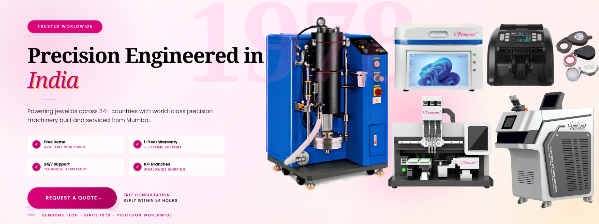 Semsons Tech jewellery manufacturing machinery range — melting, laser, wax setting and testing machines — precision engineered in India, serving jewellers in 34+ countries from Mumbai